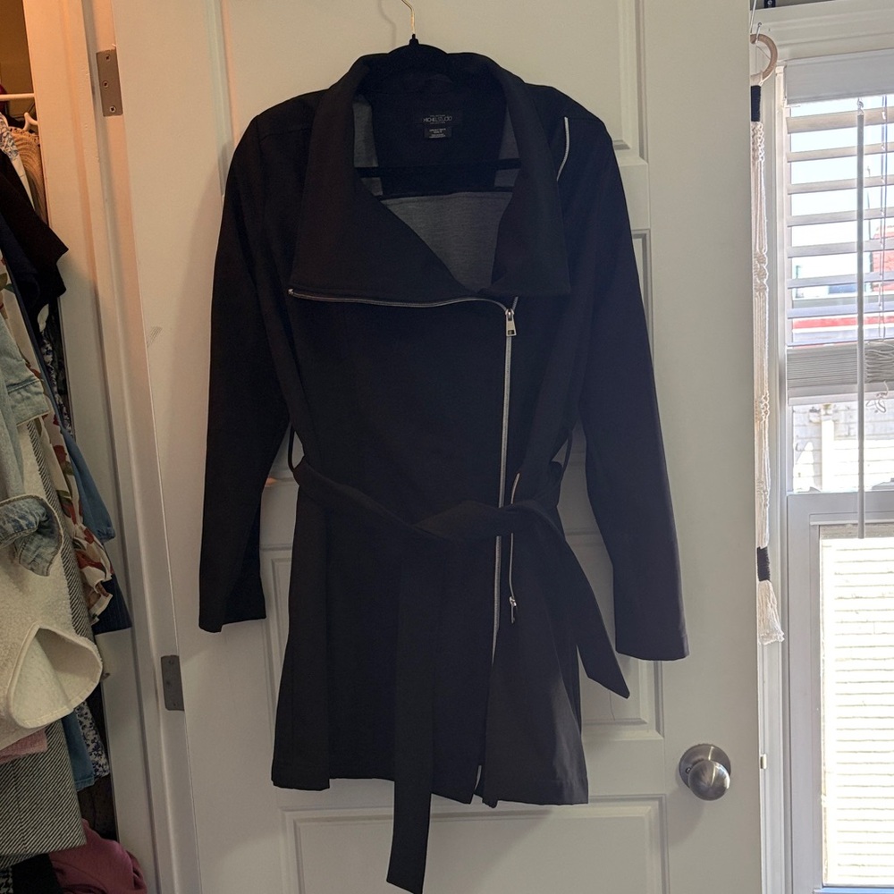 Michel Studio Black Asymmetrical Zip Belted Trench Coat